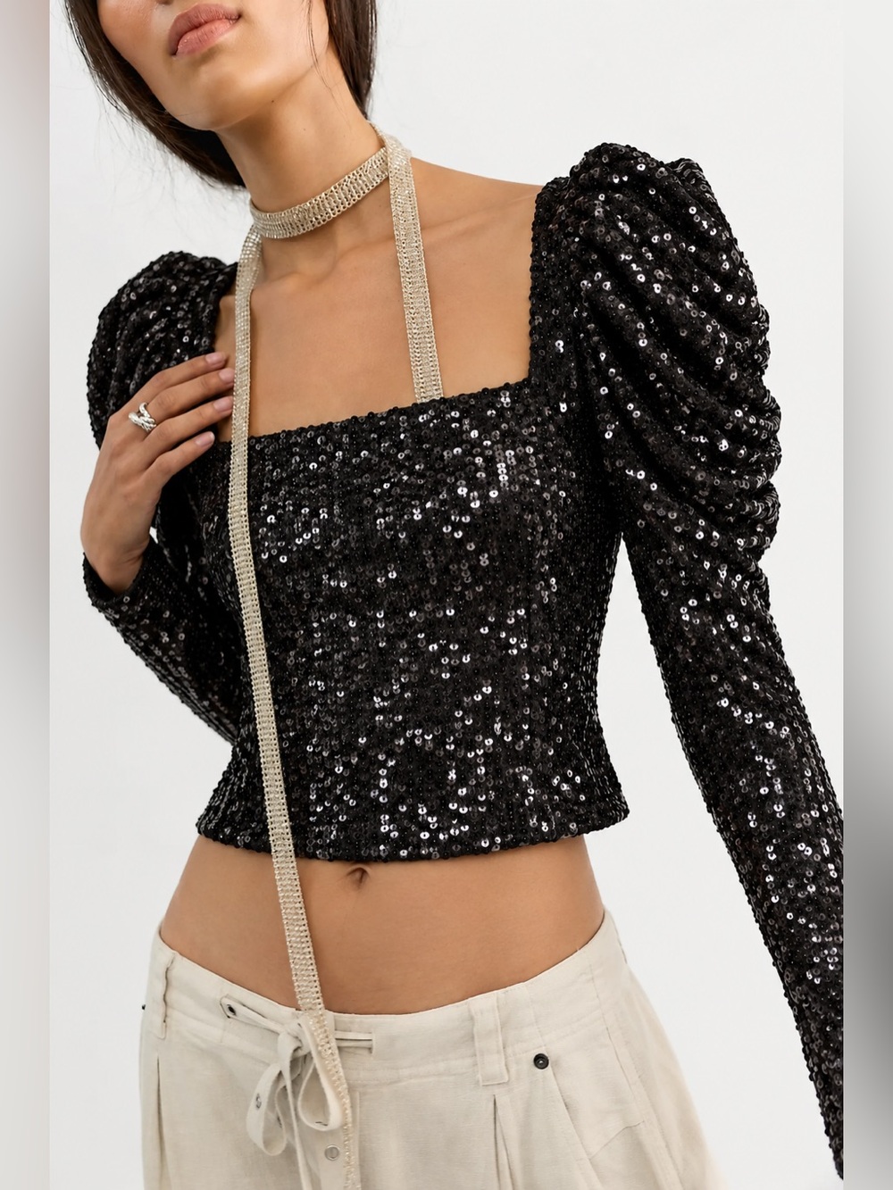 Ramy Brook Hazel Black Sequin Square Neck Puff Sleeve Designer Luxury Top NWT, S - Picture 5 of 16